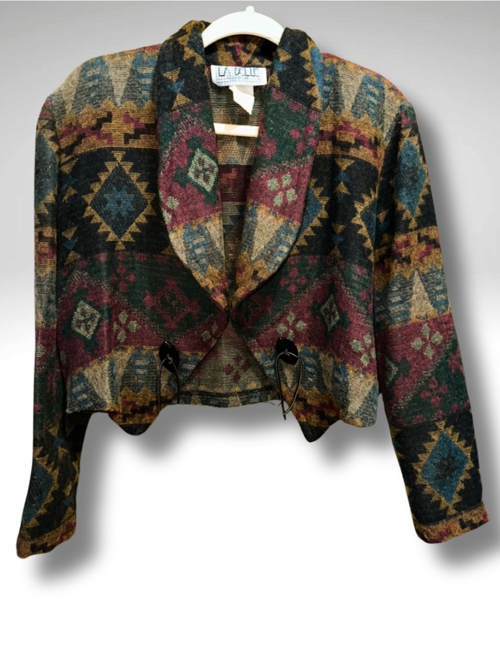 VTG La Belle Multi-Color Southwestern Pattern Cropped Cowichan Style Blazer